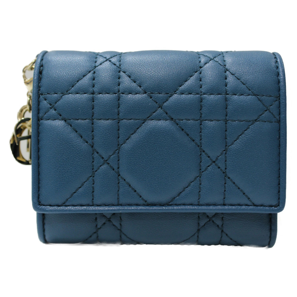 CDior LADY DIOR Lotus Wallet Lambskin Deep Ocean Blue Cannage Folding Compact